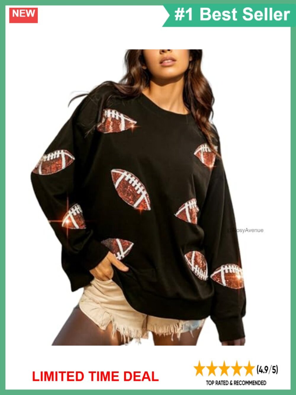 Oversized Sequin Football Sweatshirt Crewneck Pullover Gameday Top